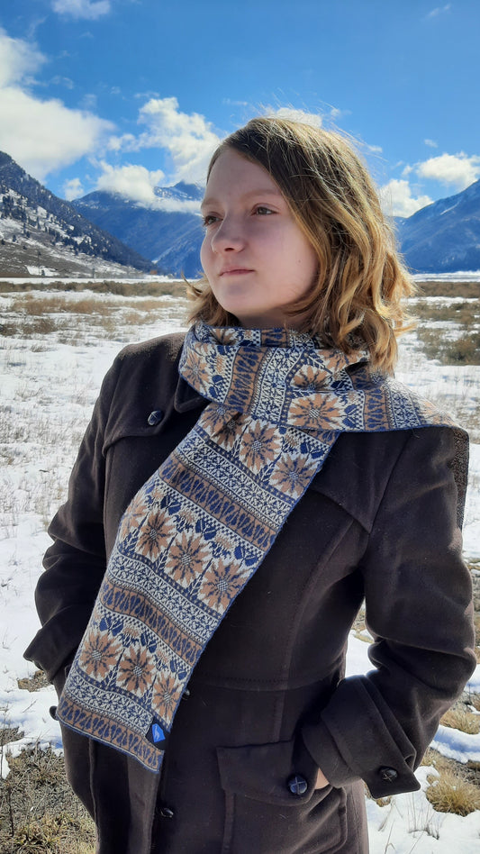 Alpaca Scarf Arrowleaf Balsamroot Fair Isle Knit - Made in Montana USA